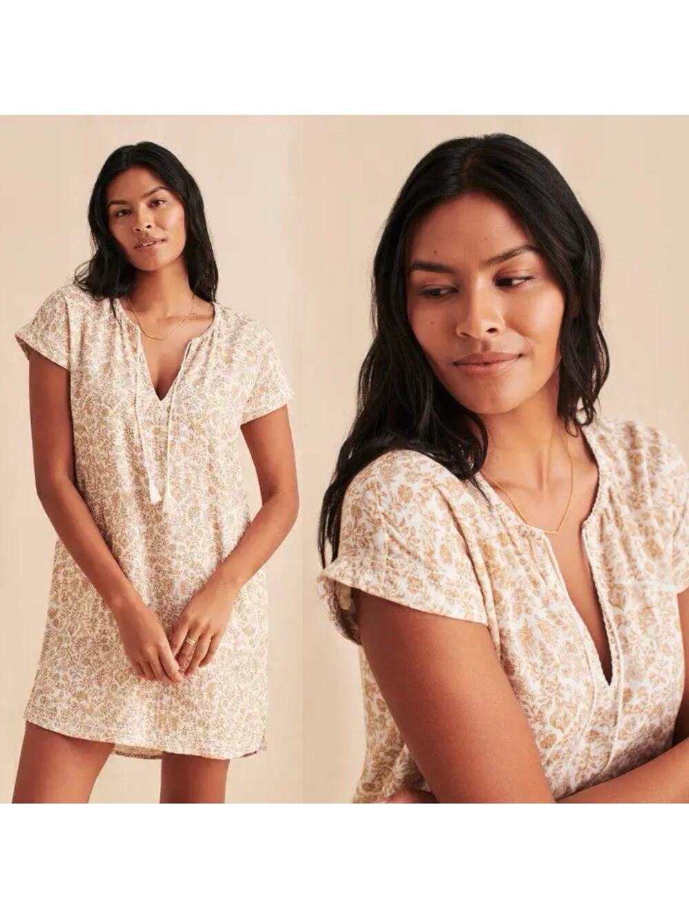 Faherty Ninie Organic Cotton Mini Dress Peach Vines XS Coastal Boho Chic Summer